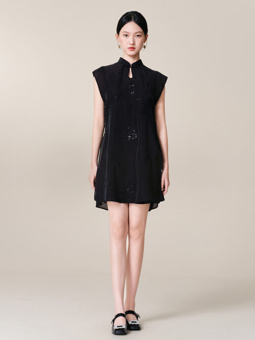 MANDARIN COLLAR DRESS WITH SEQUIN DETAIL - BLACK