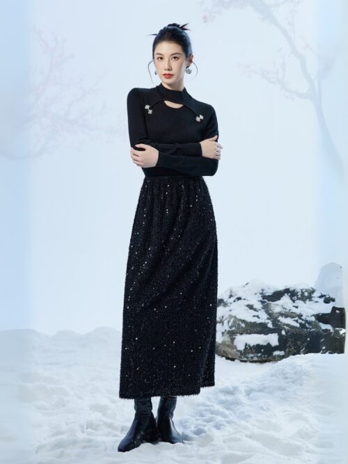 GUZHI ALL-OVER SEQUIN MAXI SKIRT - BLACK
