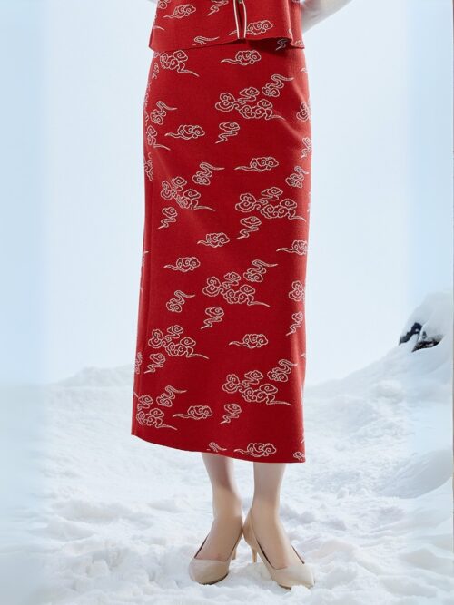 GUZHI AUSPICIOUS CLOUD JACQUARD KNIT SKIRT - RED