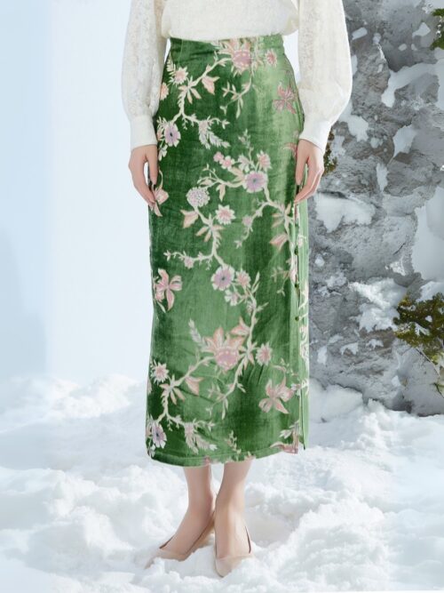GUZHI FLORAL VELVET CHEONGSAM SKIRT - GREEN