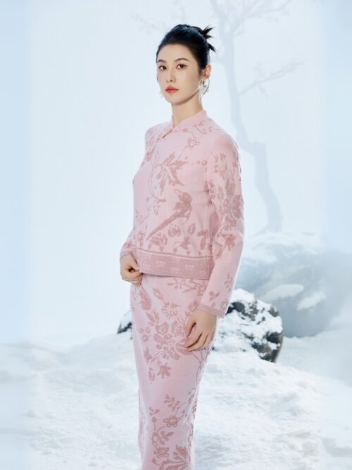GUZHI BIRD & FLORAL JACQUARD KNIT TOP - PINK