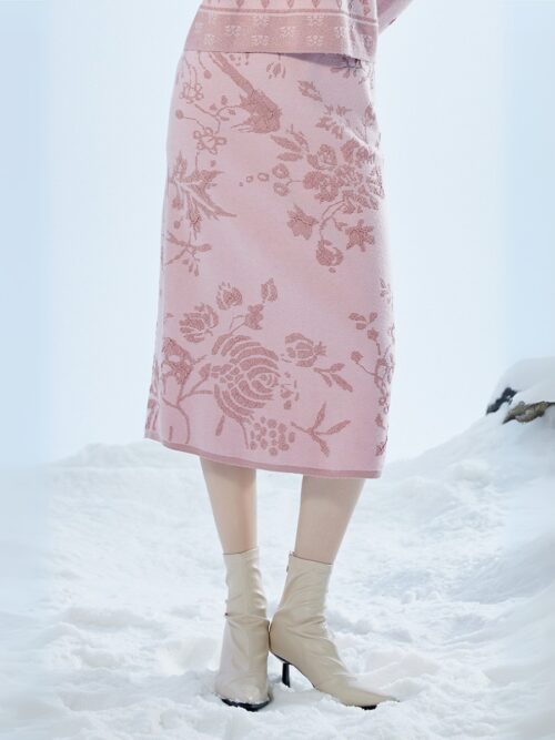 GUZHI BIRD & FLORAL JACQUARD KNIT SKIRT - PINK